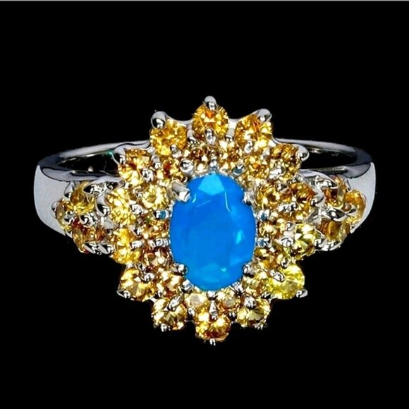 925 Sterling Silver Ring 8.25 with Natural Blue Opal 7x5mm & Sapphire Gemstone - Picture 2 of 4